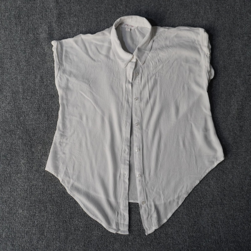 Pink Rose White Rayon Button Down‎ Short Sleeve Split Back Blouse Top - M